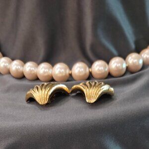 Givenchy Signed Paris Faux Pearl Necklace And Gold Shell Clip-On Earrings Set